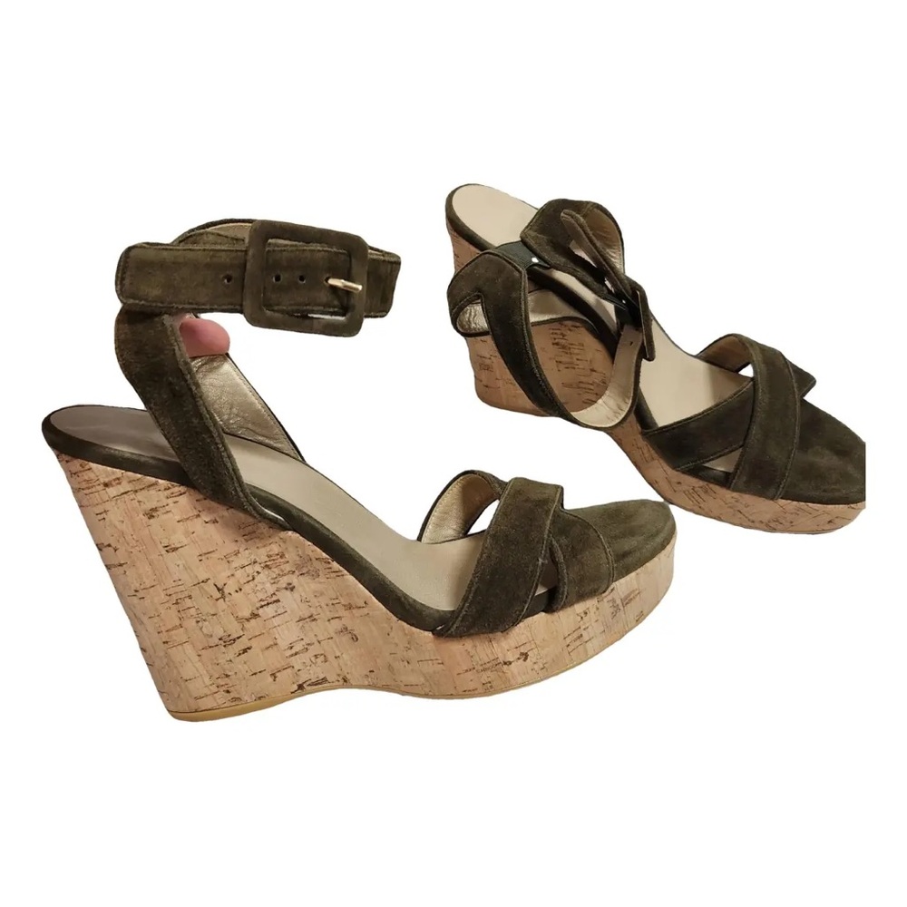 Stuart Weitzman Cork Platform Black Patent Wraparound Ankle Sandals, Size 38